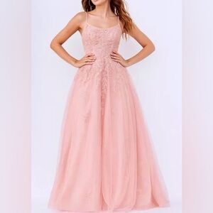 Jovani 06644 Blush Pink Lace Appliqué Maxi Gown